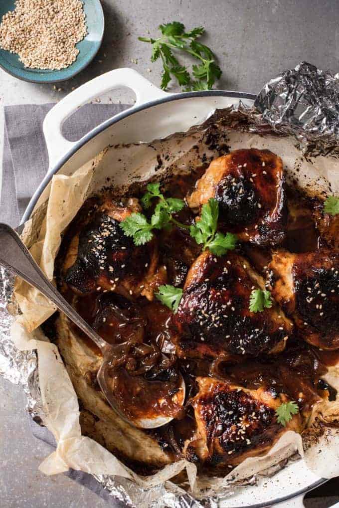 Sticky Honey Soy Baked Chicken - No marinating required, just a handful of pantry essentials for a spectacular sticky chicken!