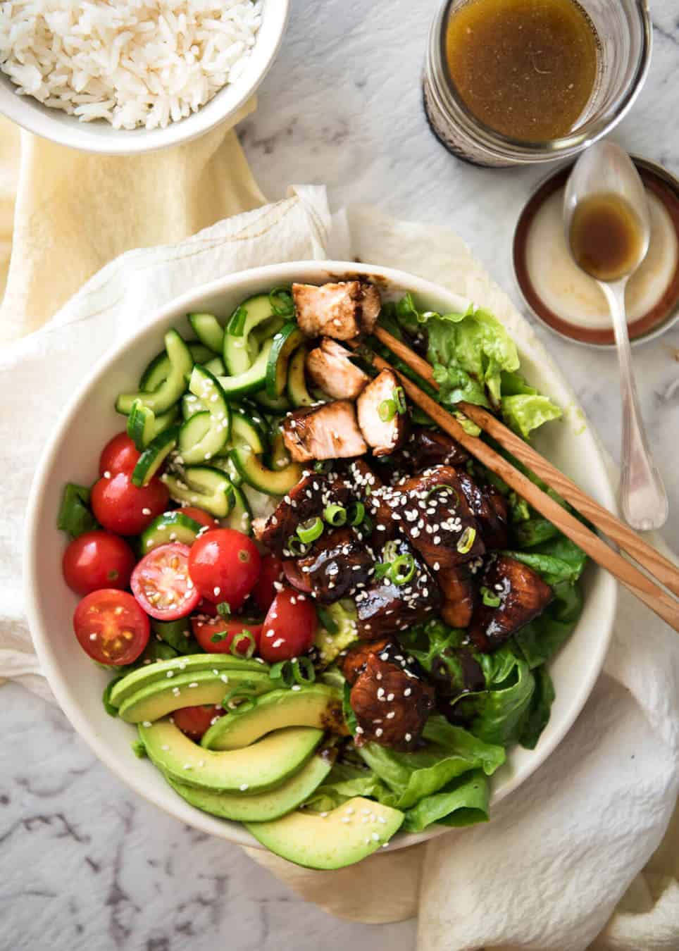 Asian Salmon Salad - Salmon dripping in a gorgeous Asian glaze on a fresh, vibrant salad drizzled with sesame dressing. Quick to make, packed with serious flavour! www.recipetineats.com